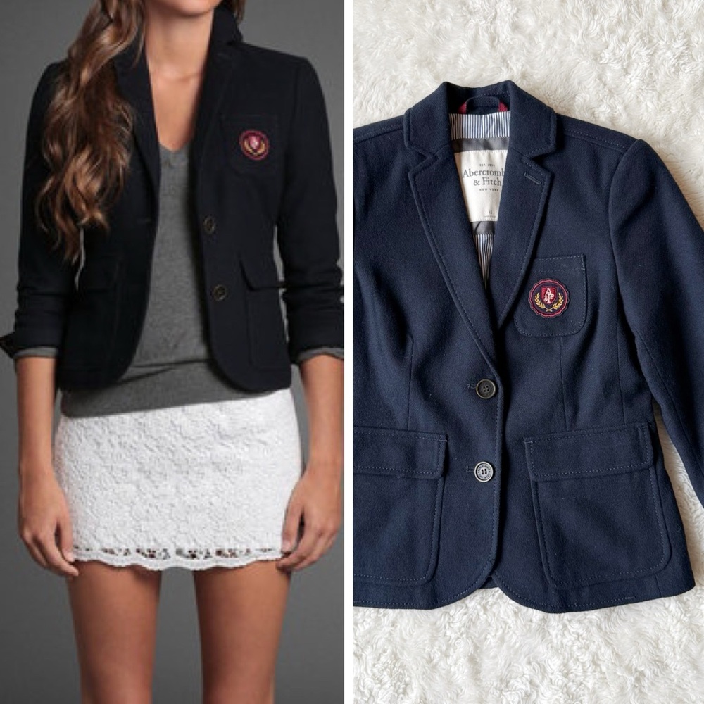 VTG Y2K 90s Abercrombie & Fitch Woman Navy Blue Wool Blazer Jacket XS Preppy